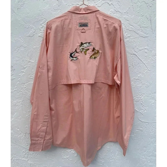 Hook and Tackle Mens Long Sleeve Button Up Fish Embroidered Vented Shirts Pink L - Picture 2 of 14